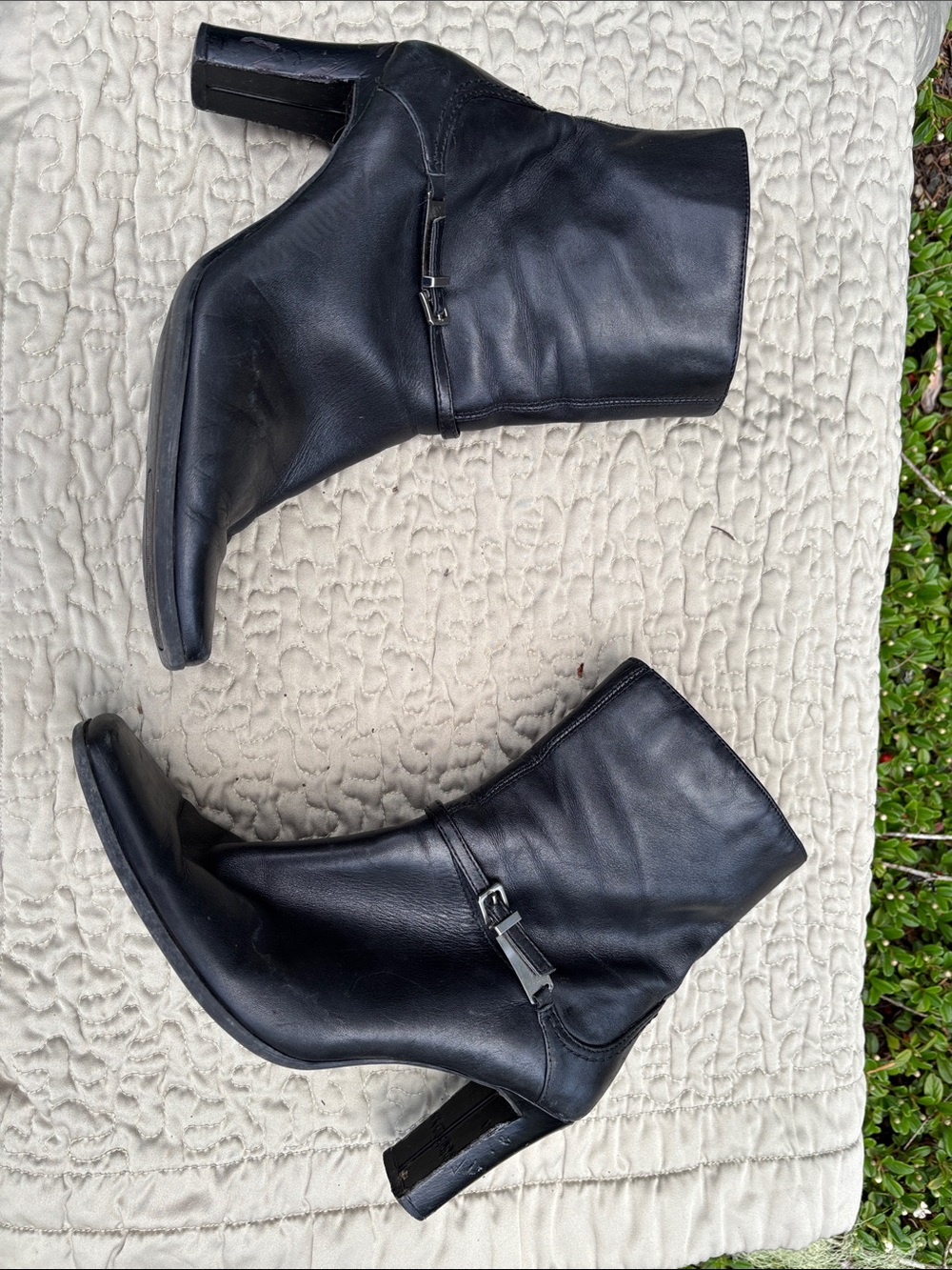 Apostrophe Black Leather Ankle Booties with Buckle Accent